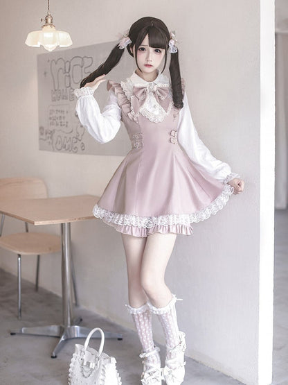 Ryousangata Pink Lace Long Sleeve Dress & Shorts Bow Set - Ekomi