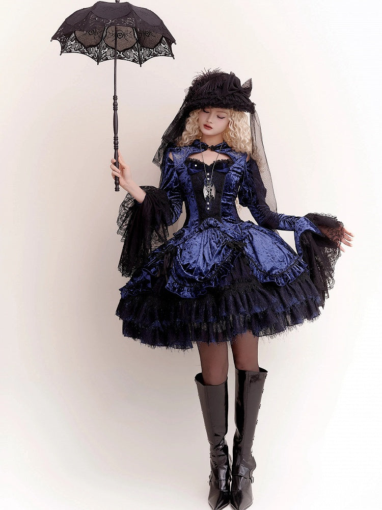 Dark Blue Gothic Lolita Velvet Tassel Knot Button Drawstring Skirt