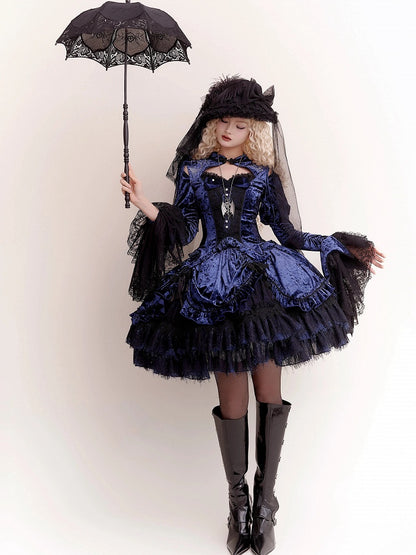 Dark Blue Gothic Lolita Velvet Tassel Knot Button Drawstring Skirt