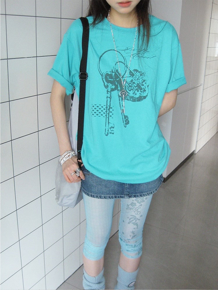 Casual Kawaii Cyan Round Neck Short Sleeve Tee with Key Print