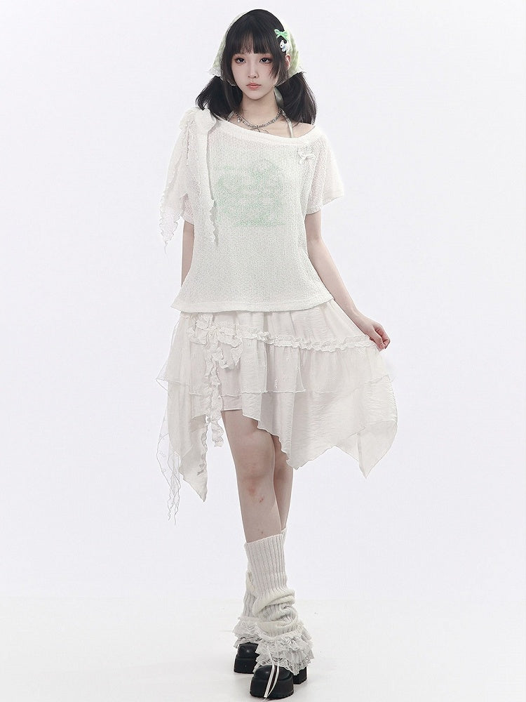 White Asymmetrical Cut Skirt with Lace Accents - PINK SAVIOR