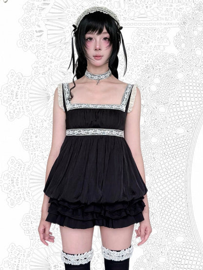 Gothic Black Square-Neck Bubble Hem Cami Top with Lace Accents - Damn Girl