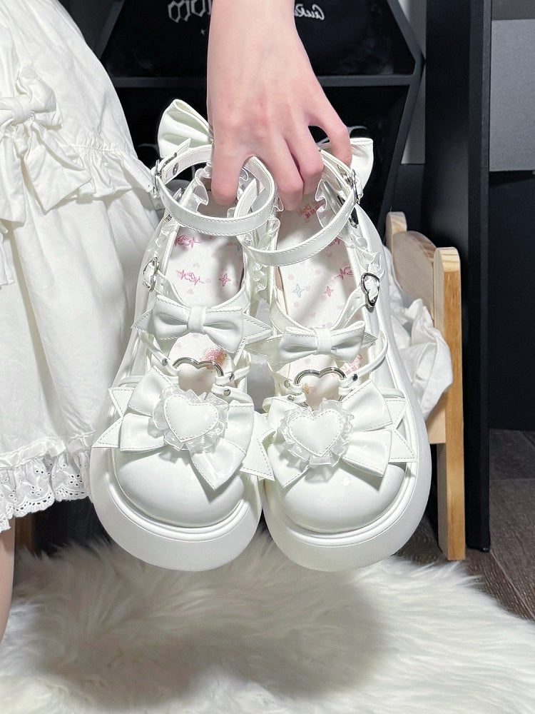 Refined and PU Shoes Bow Heart Lace Details with Elegant Platform in Off-white Elements Lolita Trim Sweet