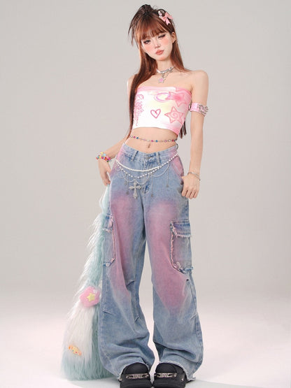 Blaue Cargo-Jeans mit ungesäumtem Saum