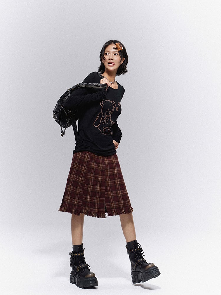 Raw Plaid Hem with Vintage Prep Brown-Red Skirt