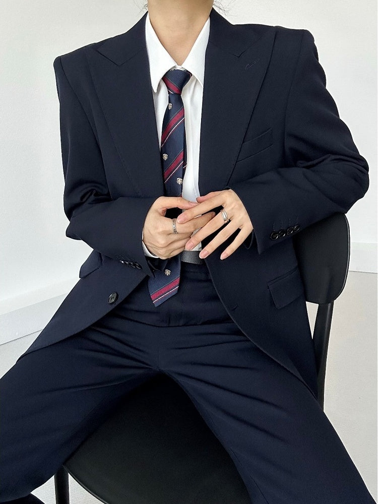 Pocket Chest Lolita Unisex Vintage with Blue Dark Blazer Slim-fitting Ouji