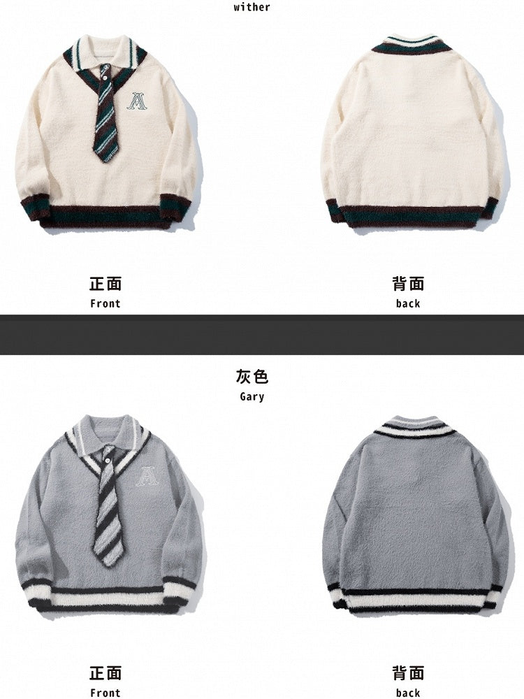 グレー/ホワイトのポロカラー プレッピースタイル セーター（ニットタイ付き）