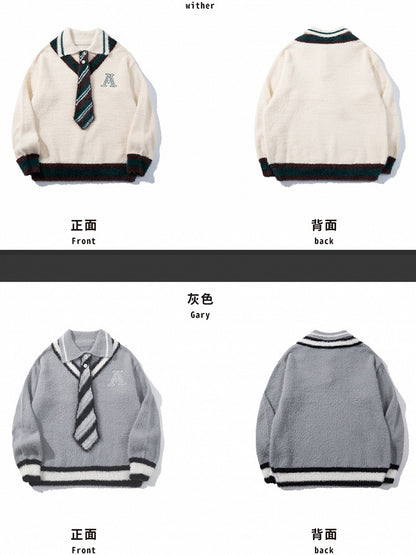 グレー/ホワイトのポロカラー プレッピースタイル セーター（ニットタイ付き）