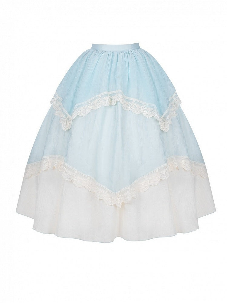 Irregular Trim High-Waist Lace Skirt in Blue & White - With PUJI