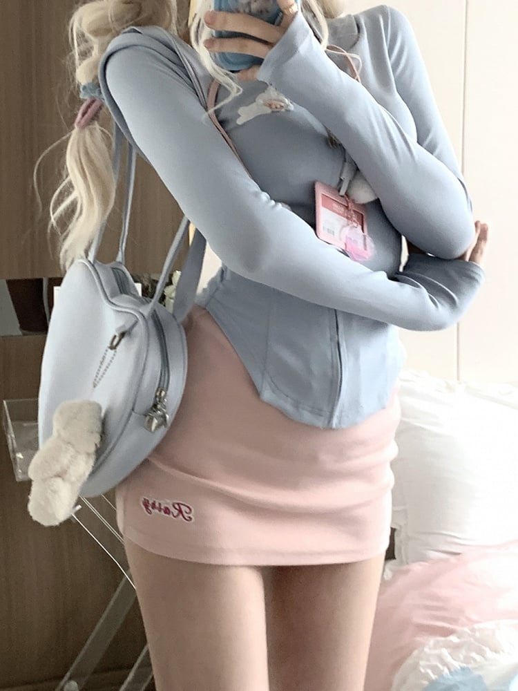 Blue Zip-Up Fitted Hoodie with Furry Pom-Pom Accents