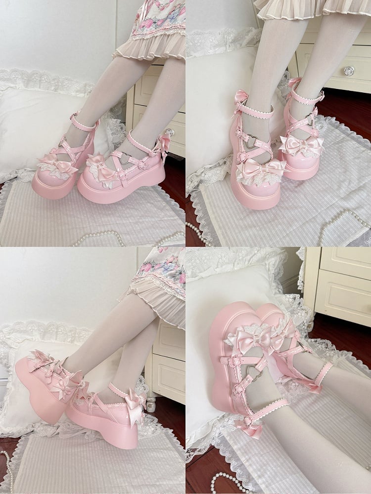Sweet Lolita Pink Shoes Sweet Mary Jane Platform Shoes with Heart & Bowknot Details