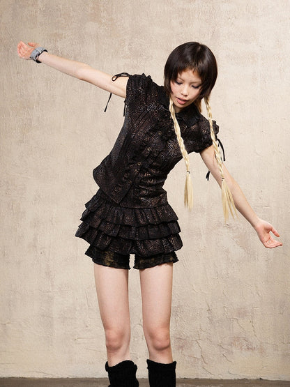 Puff Gyaru with Print Fashion Sleeves Y2K Sleeve Ruffle Top Punk Short Black Trim Leopard