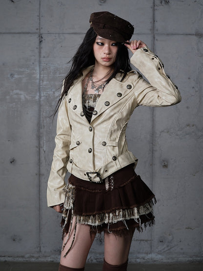 Gelbe Gürtelrose-Jacke mit Punk-Schnallenstickerei, kurz geschnitten, Khaki