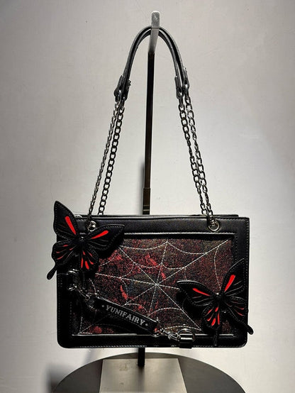 Red Butterfly Spiderweb Detail Small Version Black Ita Shoulder Bag