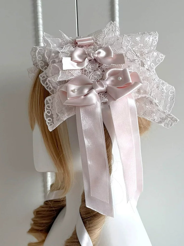 Sweet Lolita Bow Lace Hairband in Pink, Apricot or Purple - Dream Gift Box