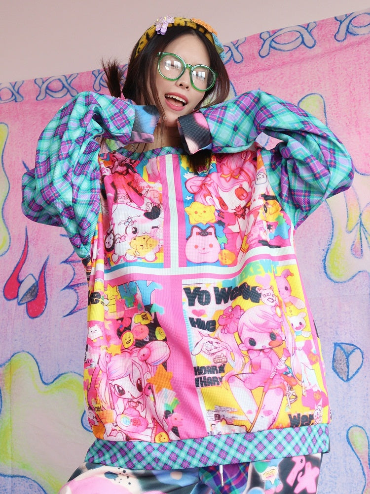 Blau/Rotes Sweatshirt mit Gyaru-Karomuster und Cartoon-Modedruck