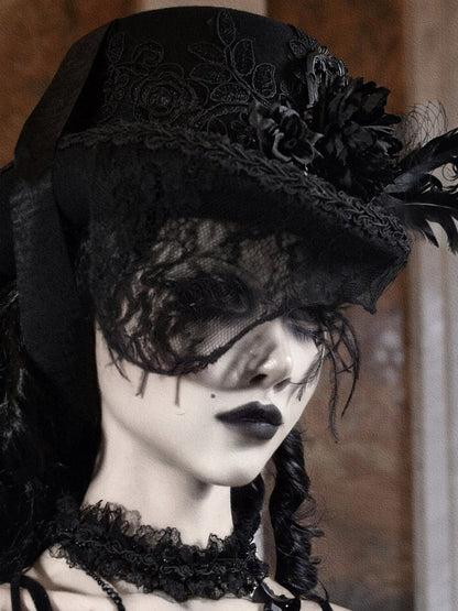Hat and Feather Goth Floral Victorian-Inspired Top Trim with Lace Accents