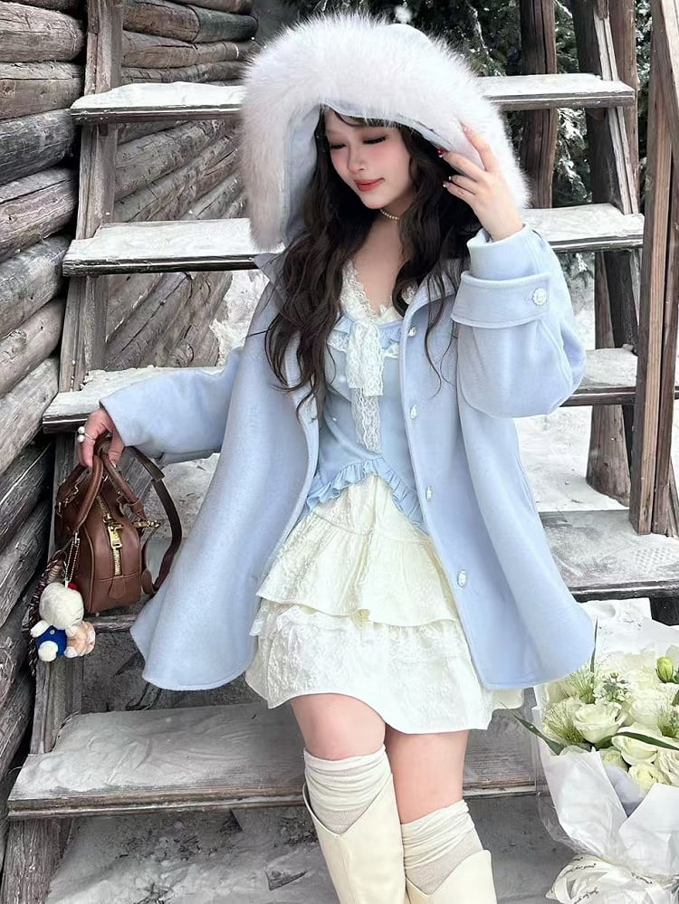 Plus Size Light Blue Plush Trim Hooded Woolen Coat
