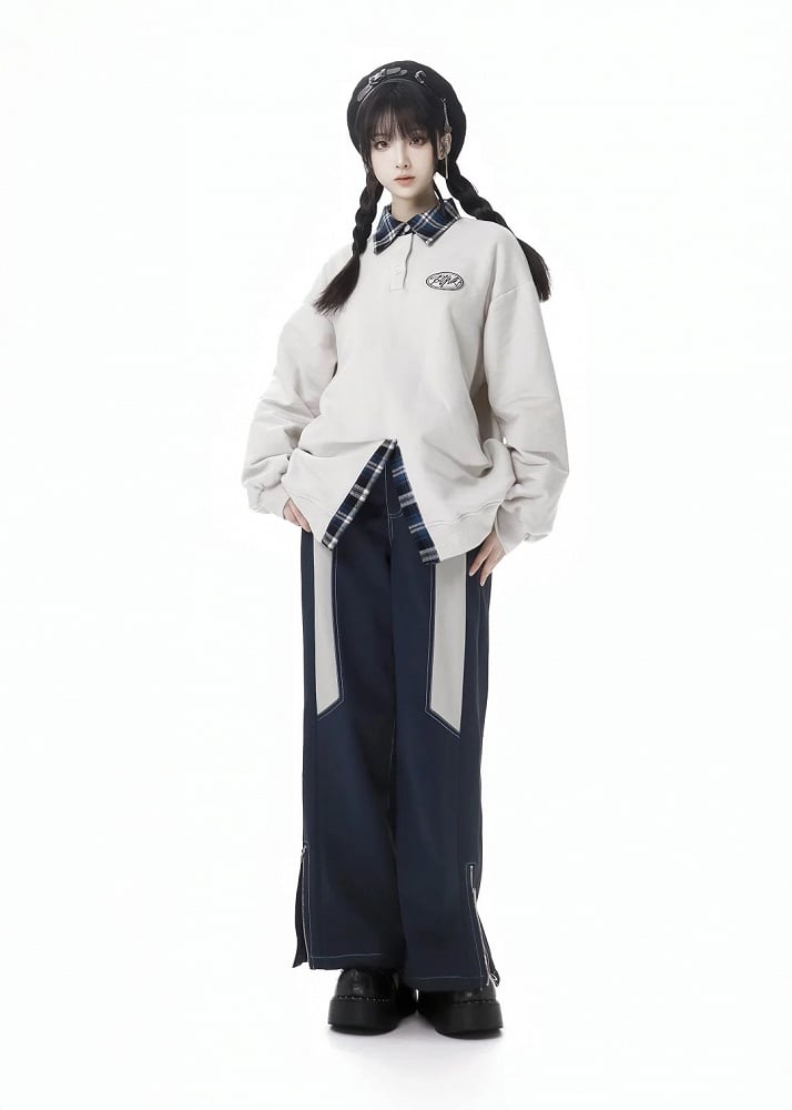 ポロカラーフェイクツーピースホワイトスウェットシャツ