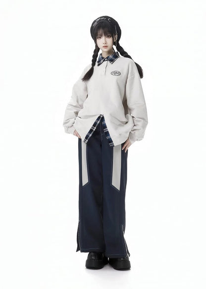 ポロカラーフェイクツーピースホワイトスウェットシャツ