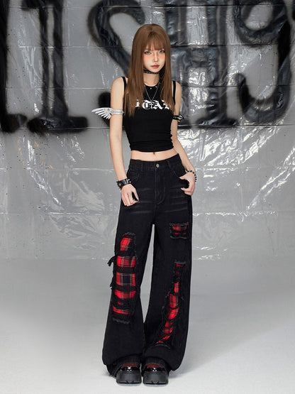 Black Distressed Holes Plaid Pattern Straight-leg Cut Jeans