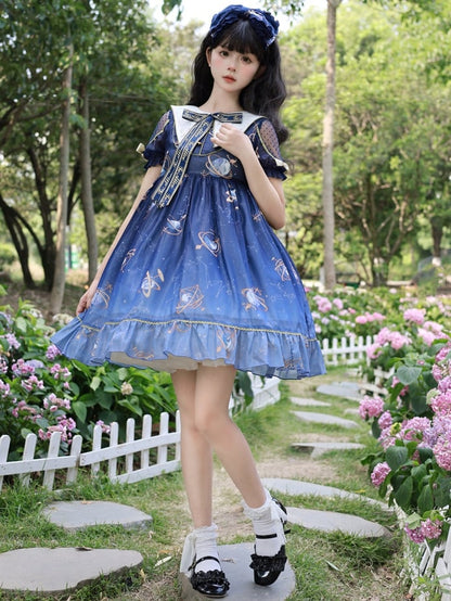 Navy Blue Celestial Globe & Starry Bow Accents Flounce Hem Lolita Dress