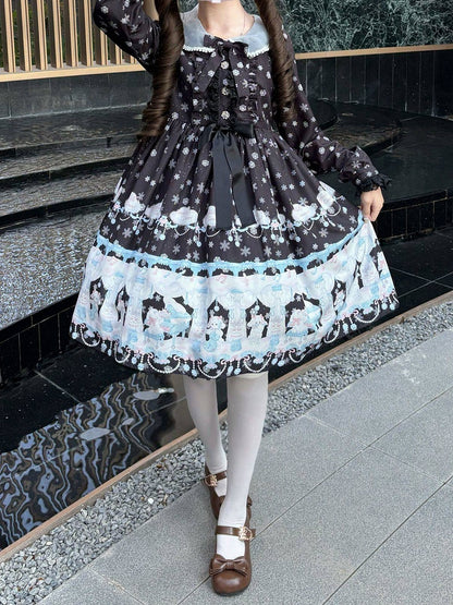 Peter Pan Collar Sweet Lolita Black Long Sleeves Dress with Bunny and Snowflake Print