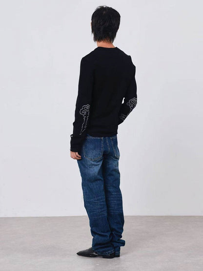 Black Knit Sweater with Key Embroidery - DETW OnLine