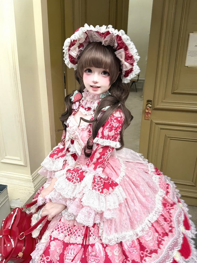 Red & Pink Strawberry Cake Print Bell Sleeve Lolita Dress - Ball Lolita