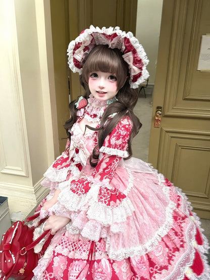 Red & Pink Strawberry Cake Print Bell Sleeve Lolita Dress - Ball Lolita
