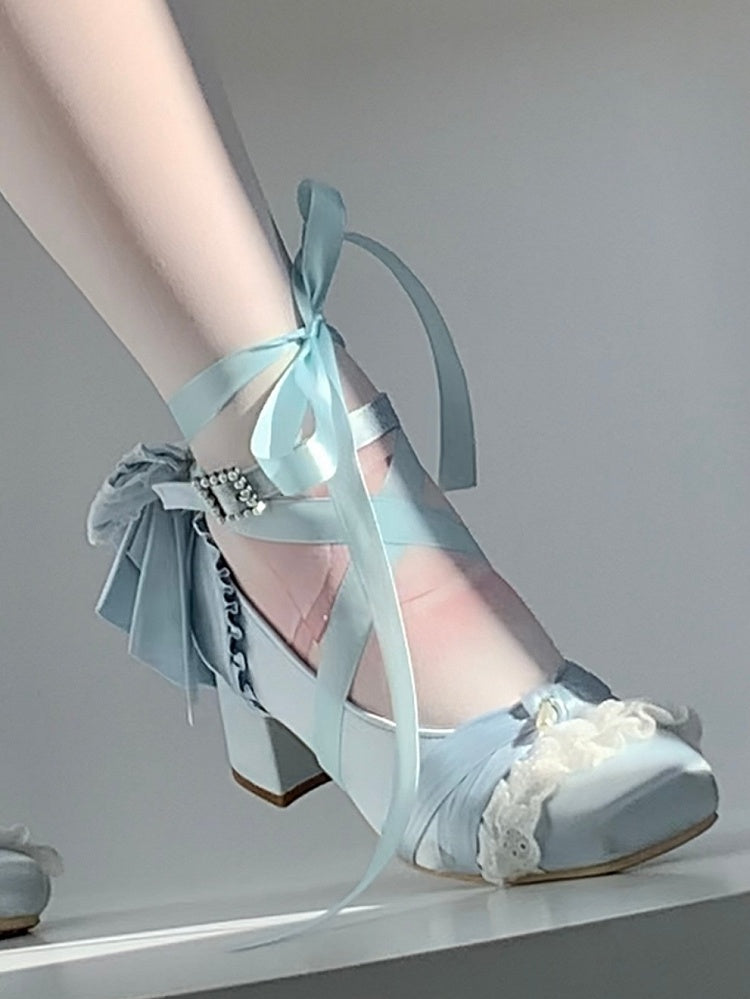 Buckle Lolita Sophisticated at Square Toe Removable Heels Lace-up Ankle - Strap Blue Mid