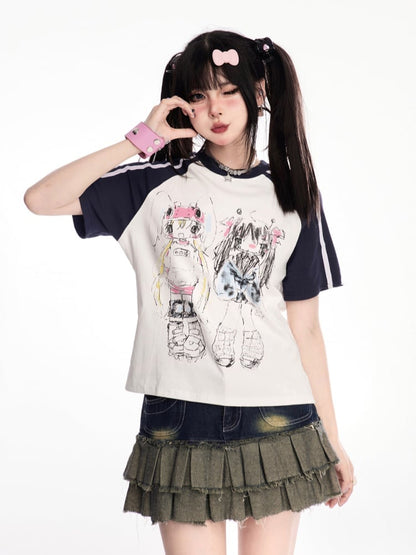 黒と白のデザインカラーブロックプリントTシャツアニメグラフィティ