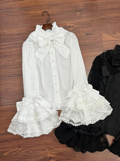 White Bell Sleeves Lace Elegant Lolita Blouse with Bow Tie - NnSTAR