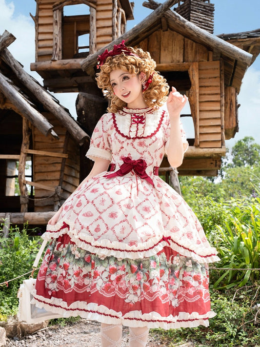 Sweet Lolita Strawberry Floral Printed OP Gown with Lace and Ribbon Accents - Currant