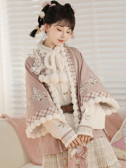 Hanfu-Style Fuzzy Long Sleeve Blouse with Pink Rabbit Embroidered Coat and Pleated Mini Skirt Set - Han Ru Chu Hanfu &amp; Han-Element Studi