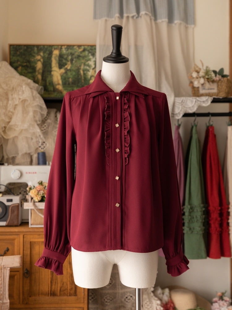 Red Long-Sleeve Shirt with Double-Layered Pointed Collar