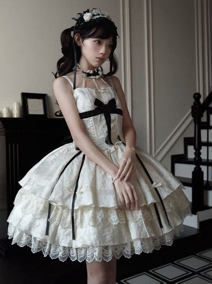 Apricot Lace-Trim JSK Dress with Black Bows - Die Die Zi