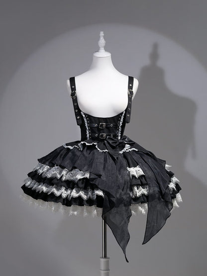 Tiered Devil Overalls Wing Skirt Black Buckle Straps Gothic Lolita Dress Accent