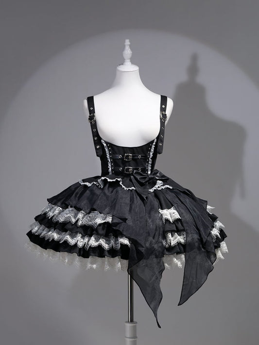 Tiered Devil Overalls Wing Skirt Black Buckle Straps Gothic Lolita Dress Accent