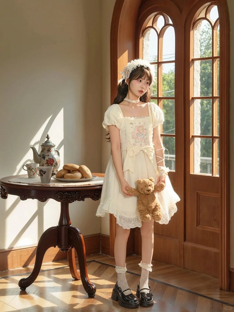 Puff-Lolita-Kleid, große Taille und Märchendruck, Aprikose, quadratisch, lässige Ärmel, Schleife, kurzer, süßer Ausschnitt