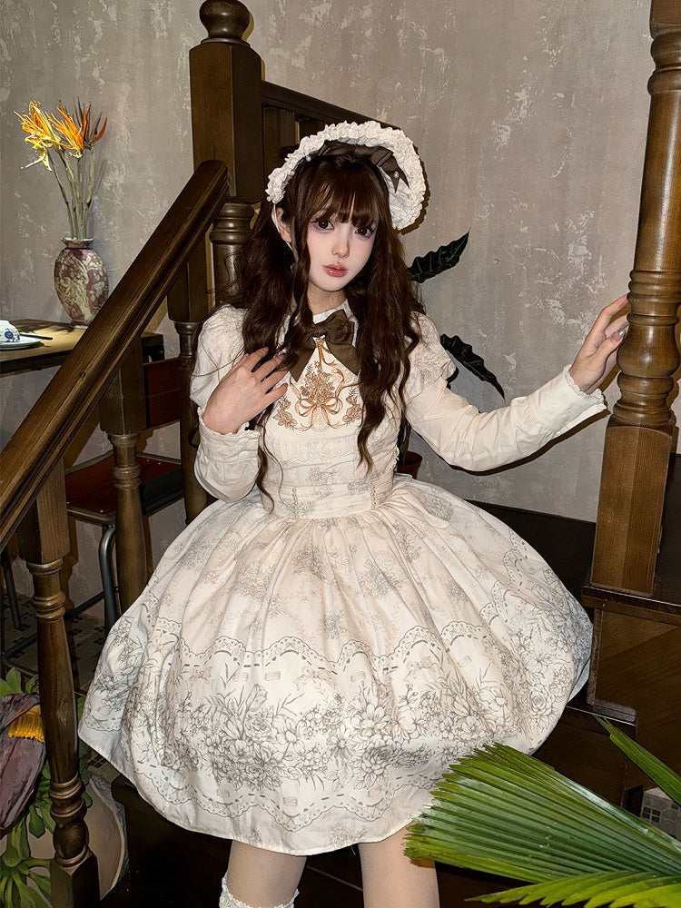 White and Piece Bodice Short Bowknot One Floral Embroidery Classic Version Lolita