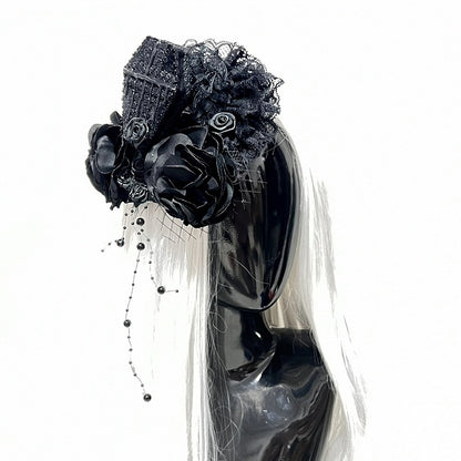 Lolita-Gothic-Kopfschmuck im floralen schwarzen Sarg und verziertes Kreuz