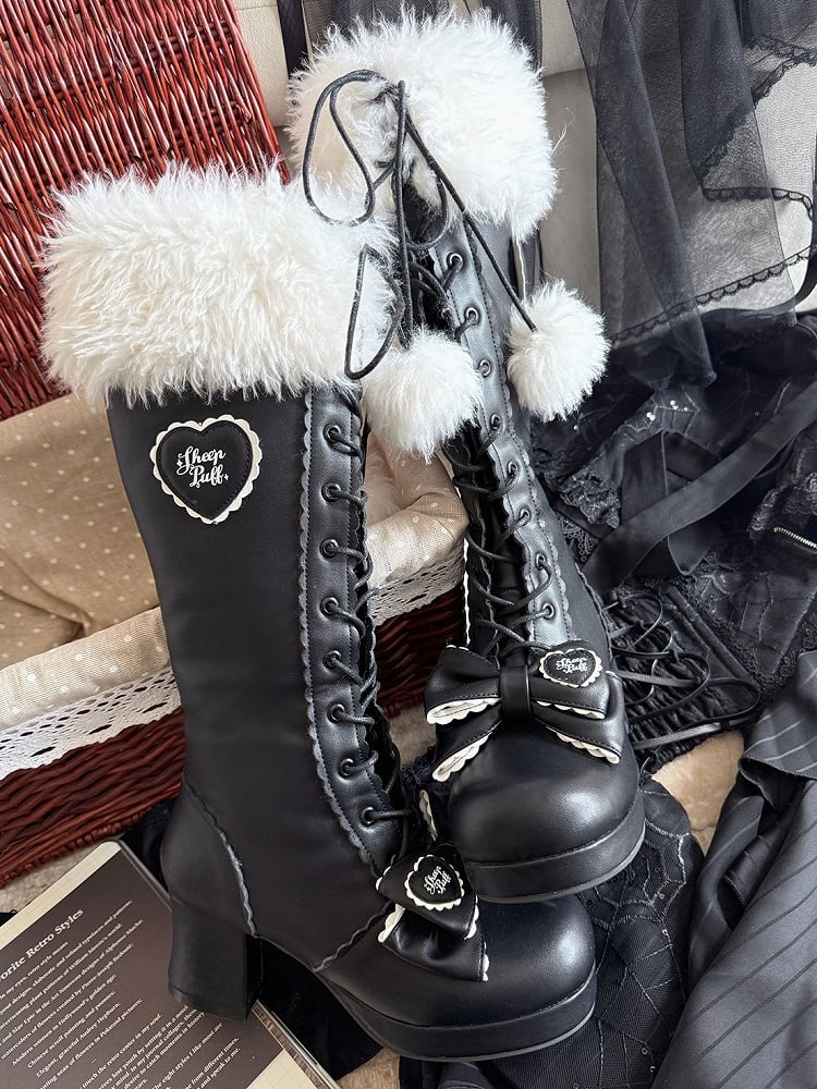 - Heeled PU Lolita Sweet Boots with Collar Design Plush Black