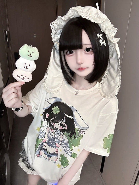 White Round Neck Four-Leaf Clover Angel Print Cotton T-Shirt