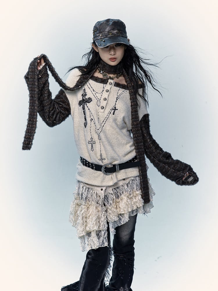 Off-Shoulder Cross Apricot Top mit Schal