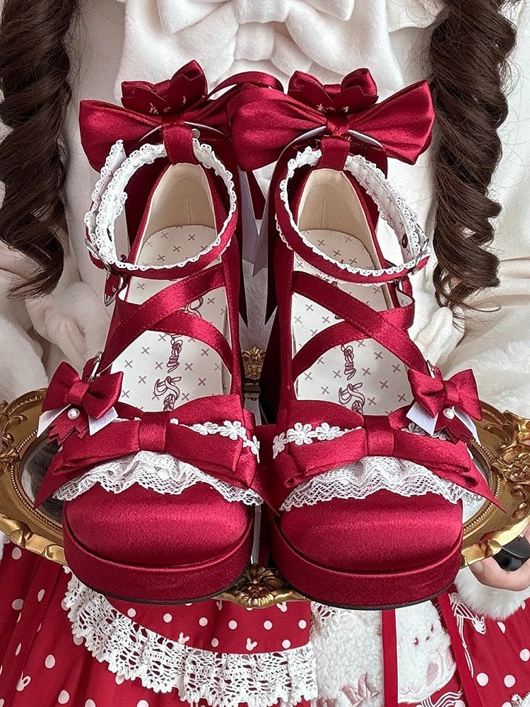 Bow Heel - Heart Satin with in High Janes Red Themed Accents Sakura Snap Block Mary