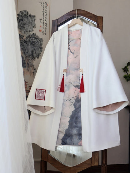 in Chain Chinese Unisex White Embroidery Coat Style Tassel Accents Removable