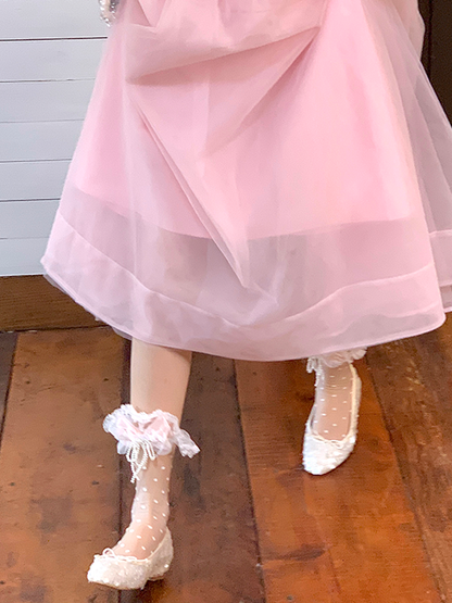 Yellow/Pink/Blue/Black Pattern Ankle Bowknot Beaded Trim Lace Socks Polka-dot