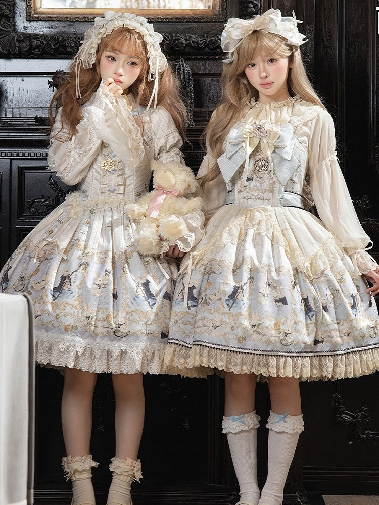Rabbit Print OP with Detachable Striped Sleeves - Stars Fall on the Foggy Island