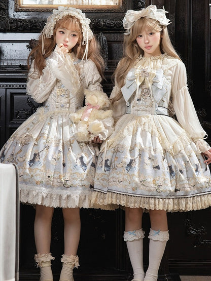 Rabbit Print OP with Detachable Striped Sleeves - Stars Fall on the Foggy Island